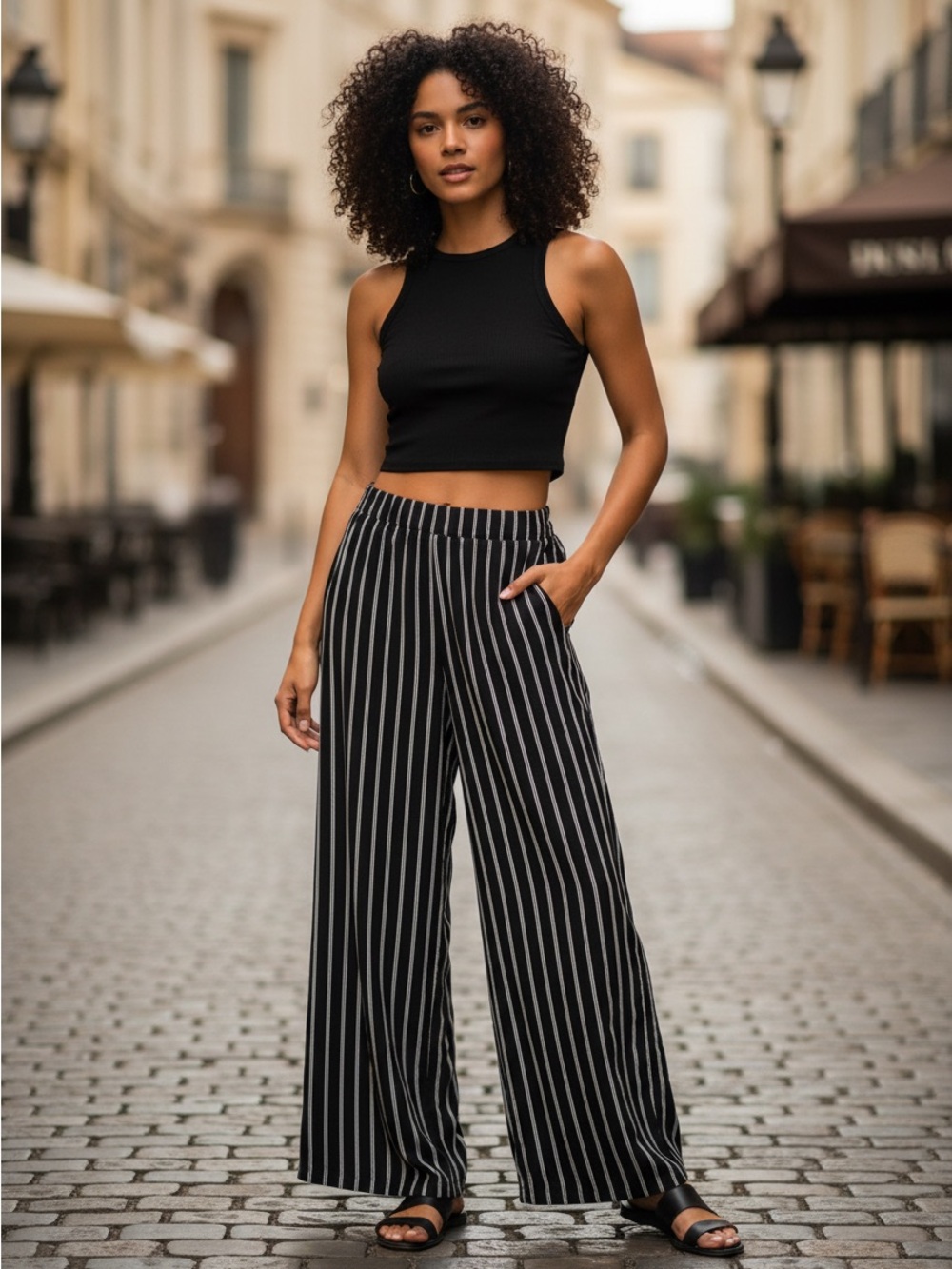 Wide-Leg Black Stripe Pants for Women